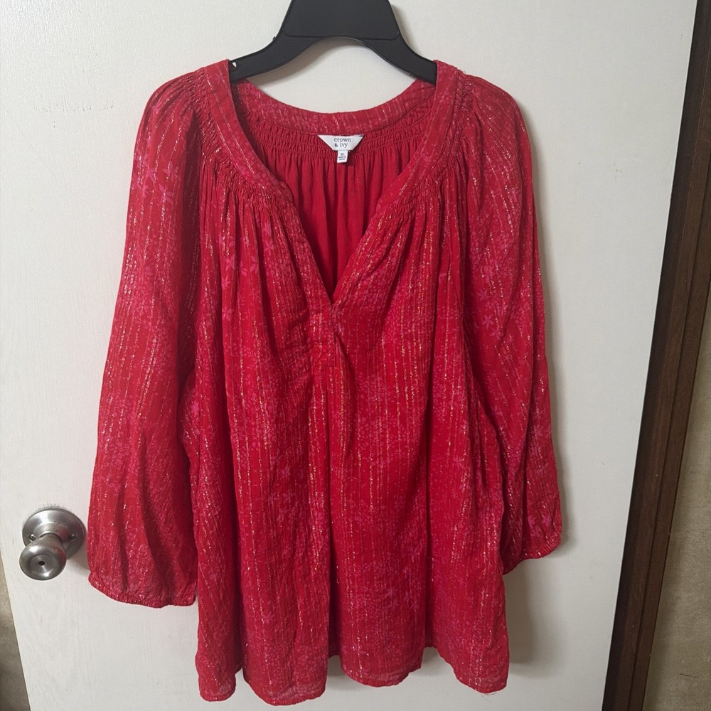 Crown & Ivy Red Silver Metallic Stripe Blouse XL 3/4 Sleeve Top